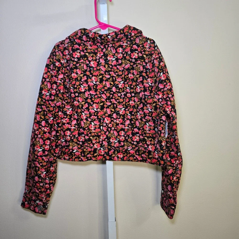 Social Standard by Sanctuary Girls Floral Denim Jacket Pink Orange Black Size 8